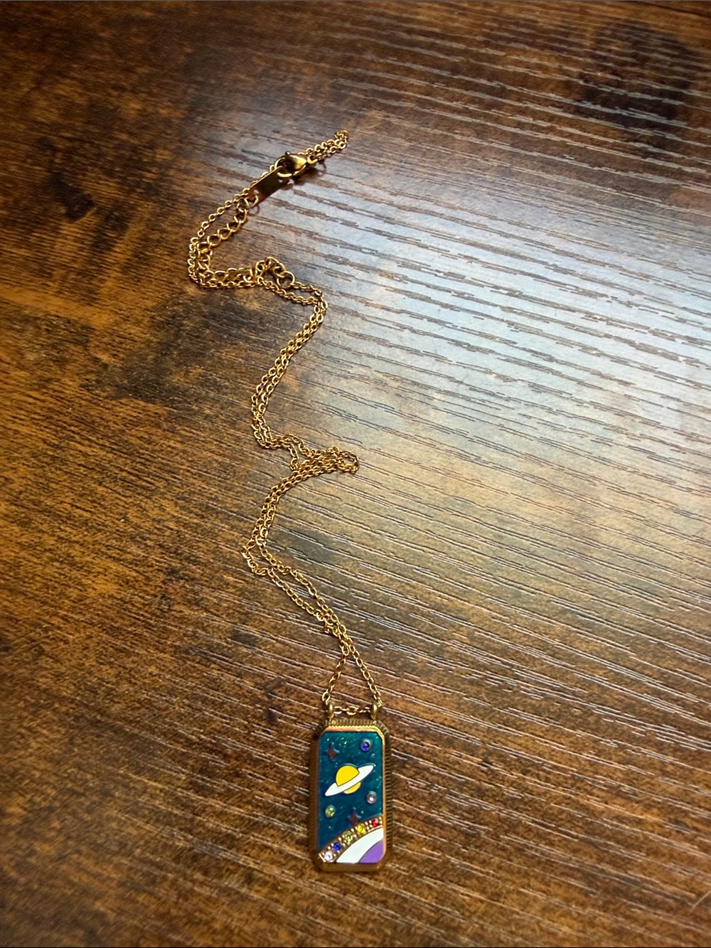 Gold Planet Enamel Rectangle Pendant Necklace - Women Jewelry rainbow